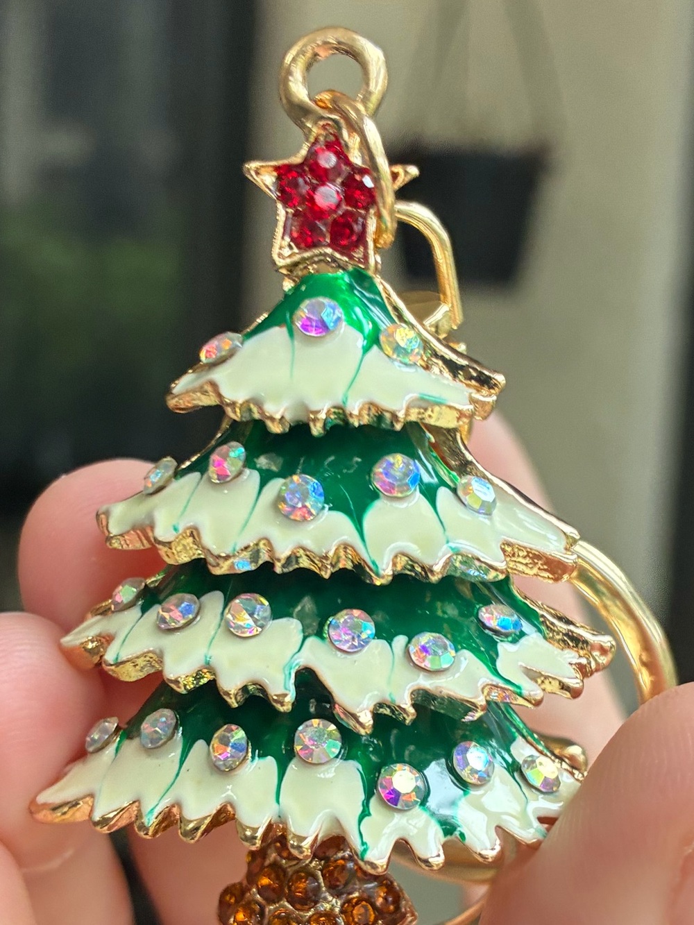 Gold-Tone Green Christmas Tree Keychain Charm - Festive Accessories